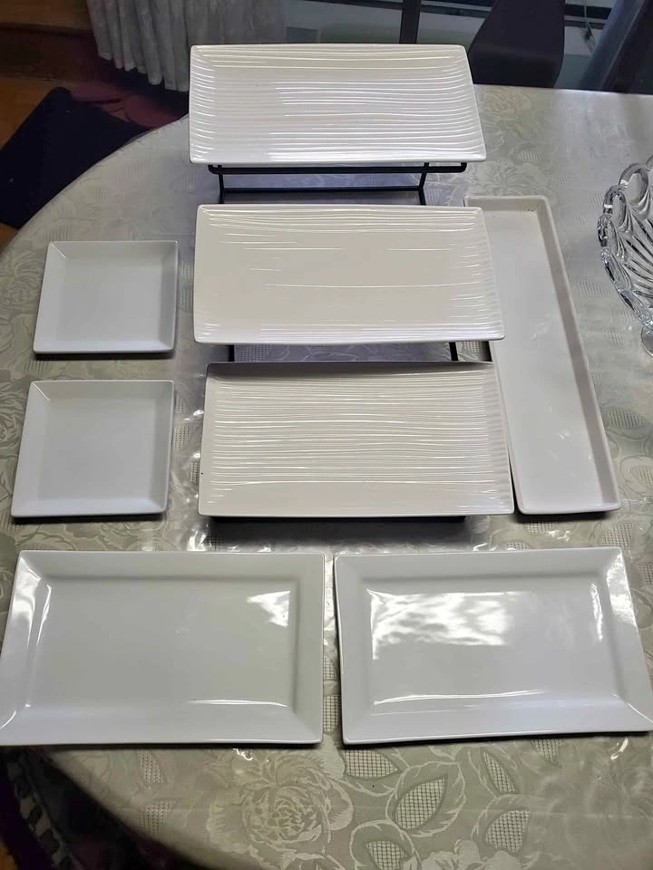 White Serving Platters & cake stands for rent