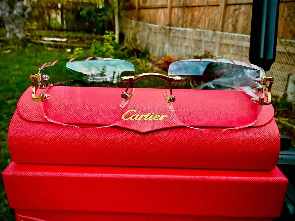 Luxury Rimless Gold Frame Sunglasses - Pink Lenses with Case