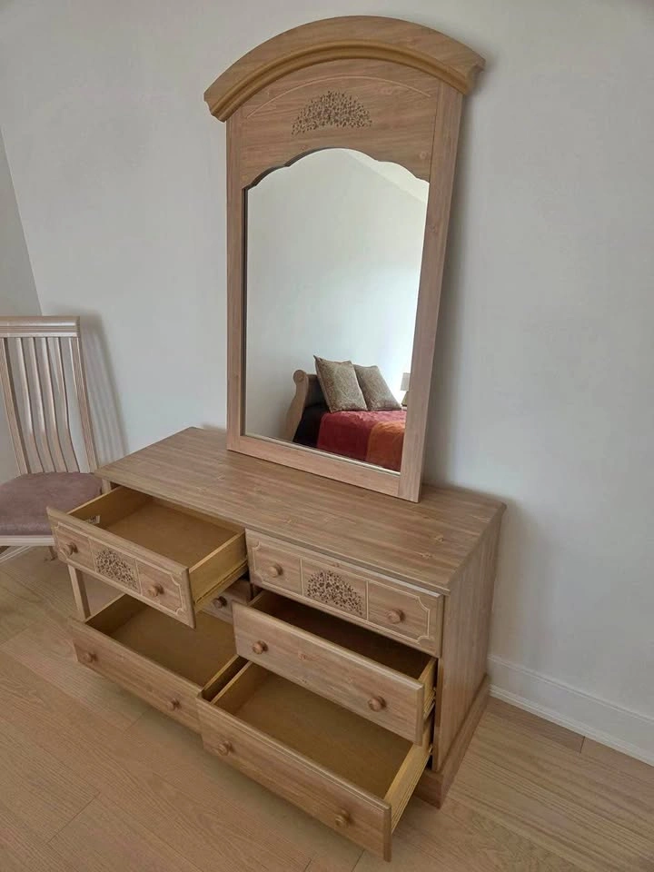 Solid Wood Dresser with Large Mirror & Matching Chair
