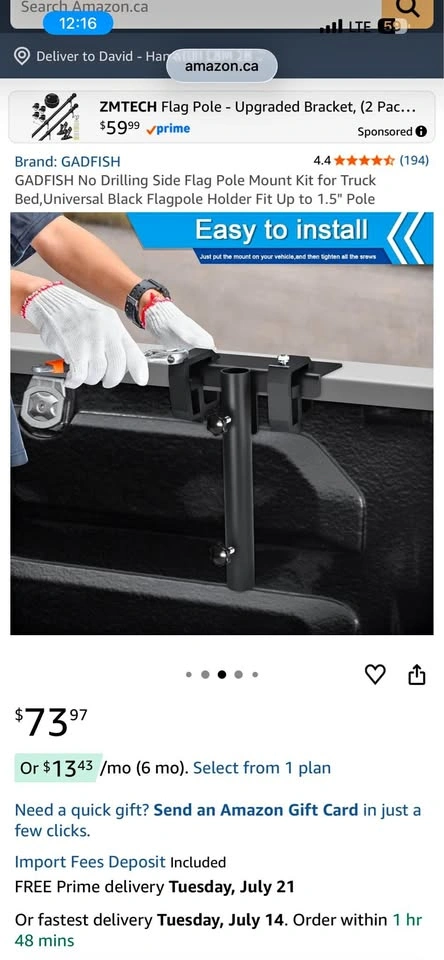 GADFISH No-Drill Truck Bed Flag Pole Mount, Fits 1.5" Poles NEW