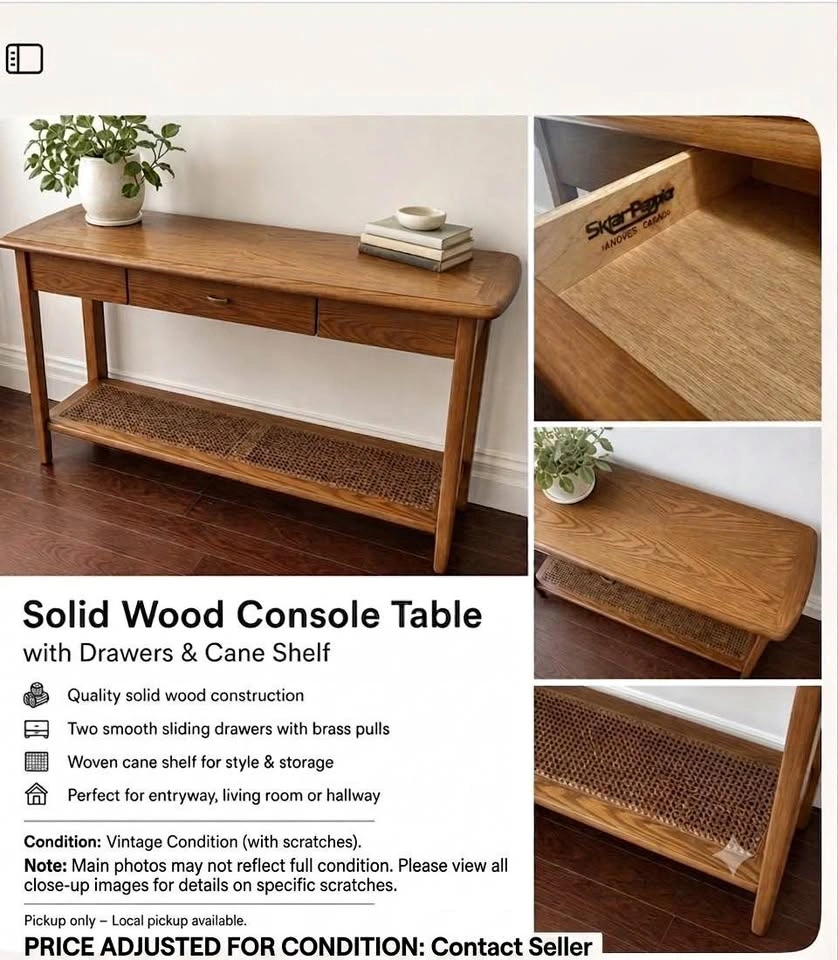 Solid Wood Console Table with Drawers & Cane Shelf (Sklar Pepple