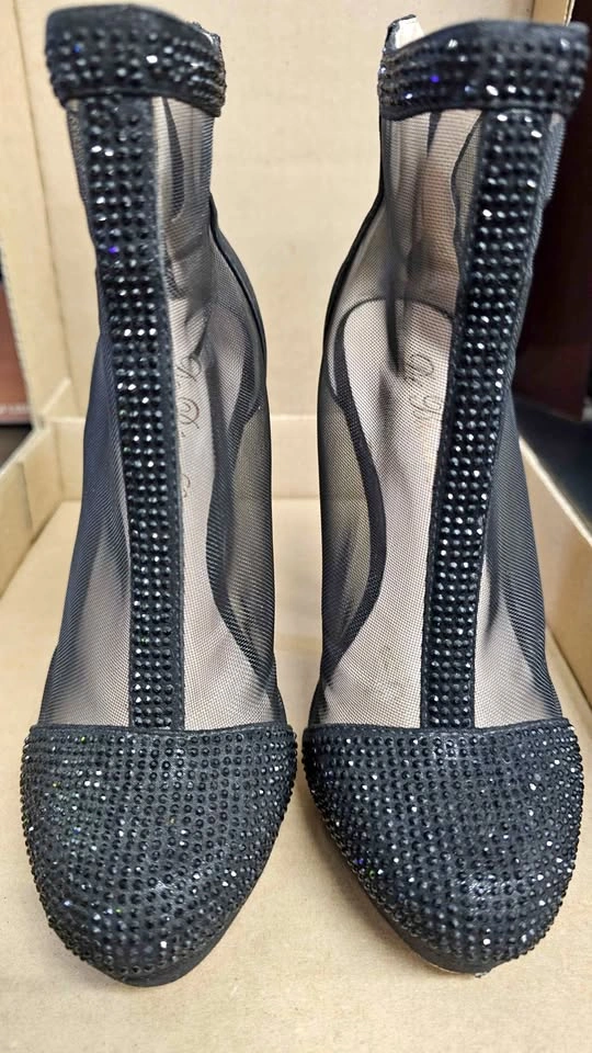 De Blossom Collection Black Rhinestone Mesh Stiletto Heels
