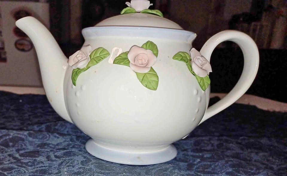Vintage Ceramic Teapot with Pink Rose Appliqués