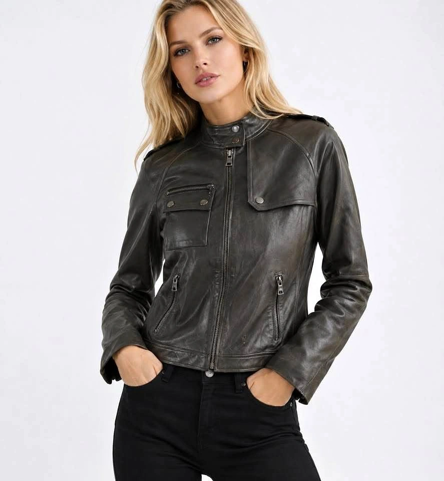 Banana Republic Women’s Leather Moto Jacket (grey/green)