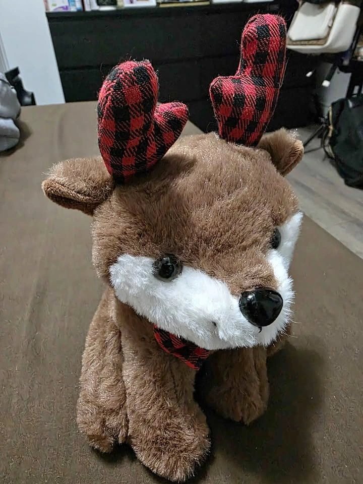 Plush Reindeer with Buffalo Plaid Antlers