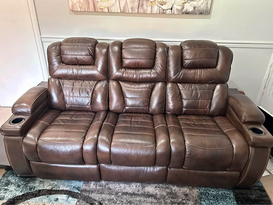 2 - Brown REAL Leather Power Reclining Sofas