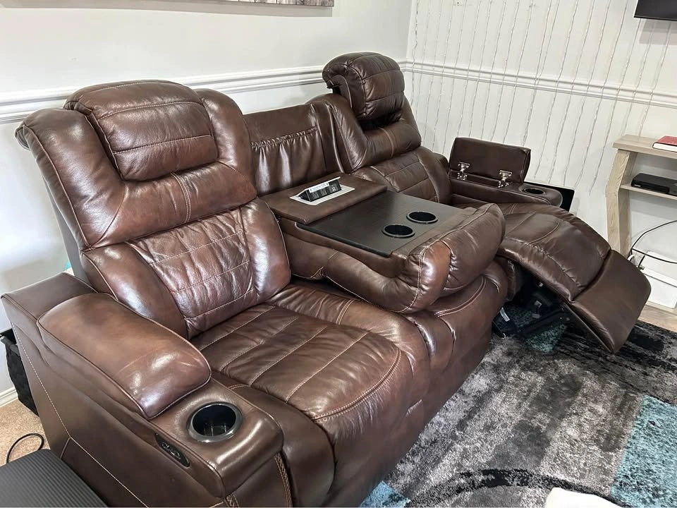 2 - Brown REAL Leather Power Reclining Sofas - photo 2