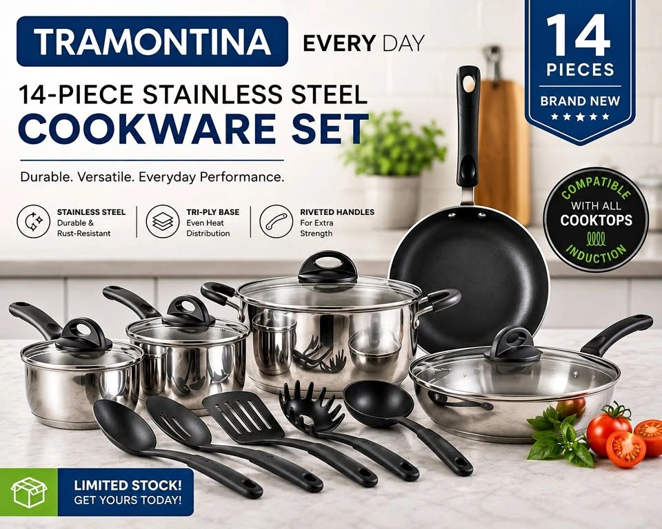 New Tramontina 14-Piece Stainless Steel Cookware Set