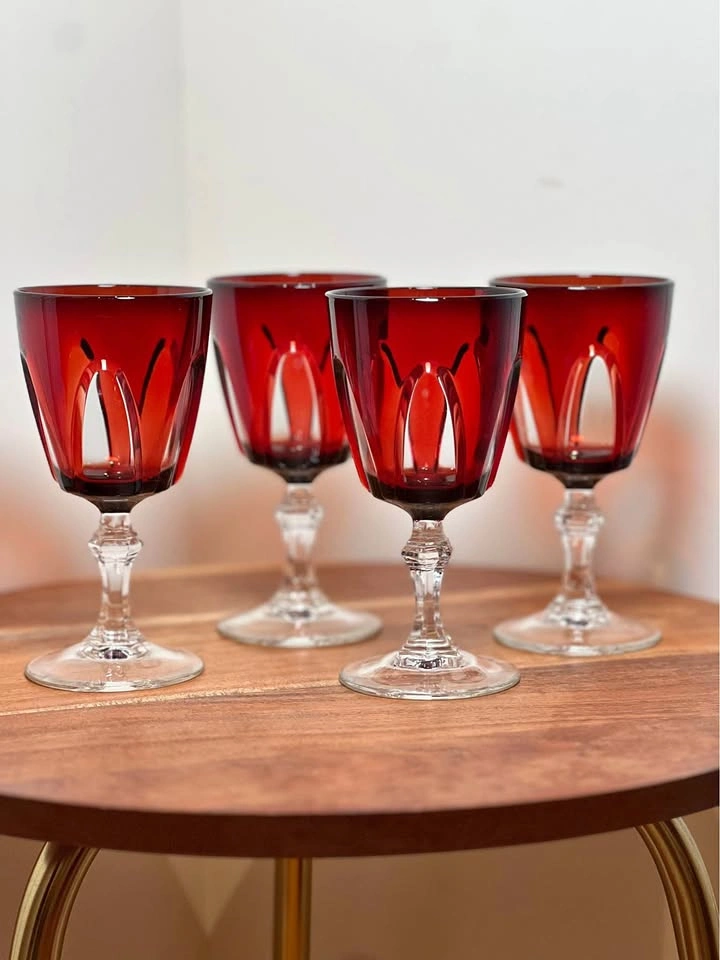 Vintage Cristal d'Arques Durand "Gothic" Ruby Red Wine Glasses