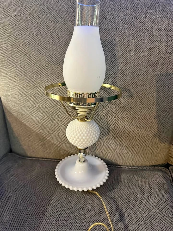Antique Working Hobnob hurricane Milk Glass Hurricane Lamp