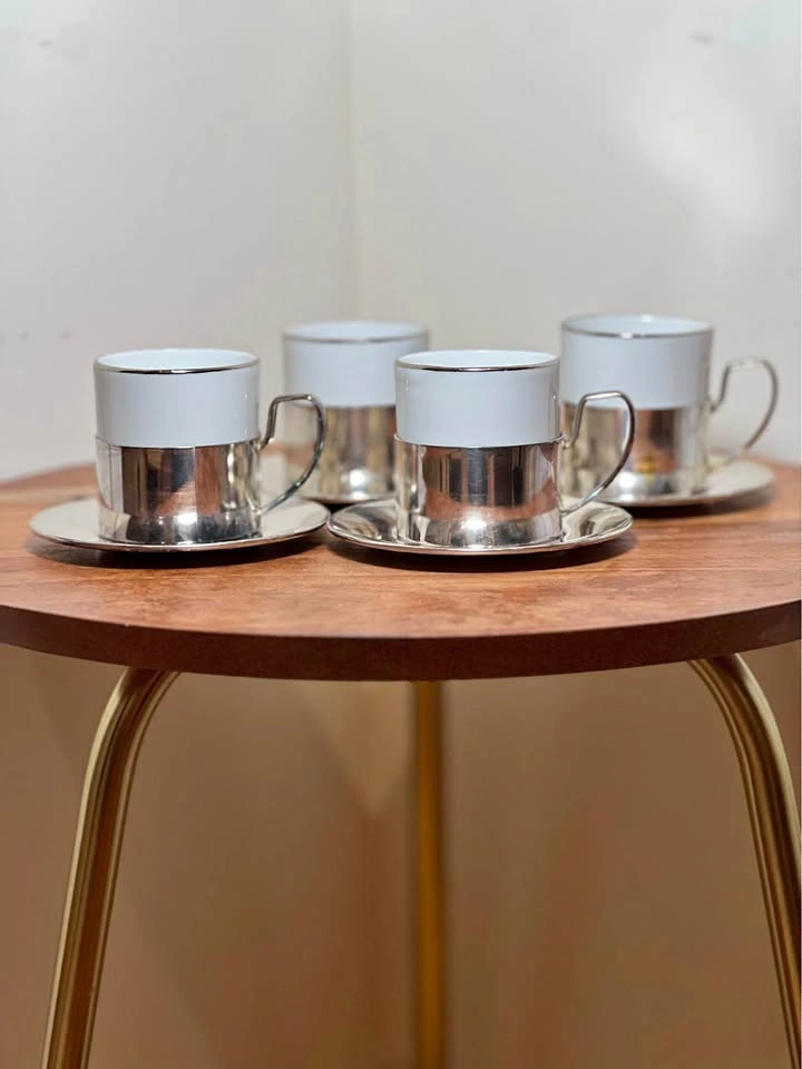 Vintage Italian Porcelain & Silver-Toned Espresso Set (Set of 4)