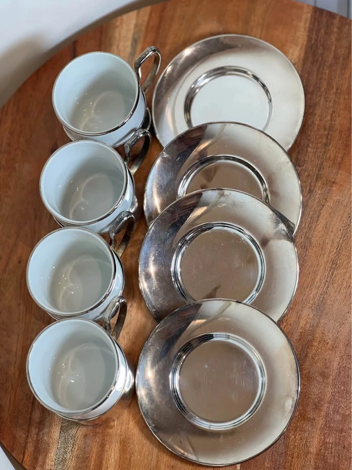 Vintage Italian Porcelain & Silver-Toned Espresso Set (Set of 4) - photo 5