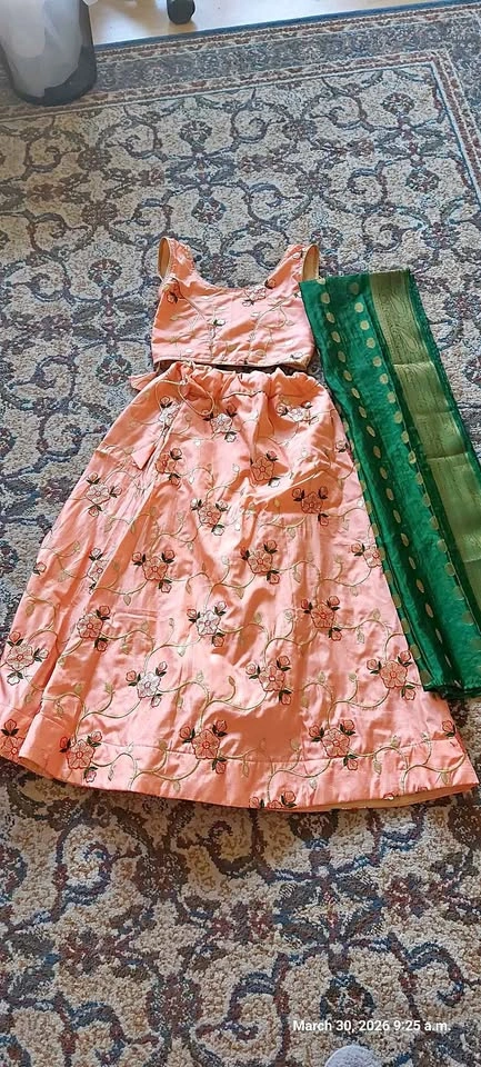 Peach Embroidered Lehenga Choli with Green Dupatta for 10 yr old
