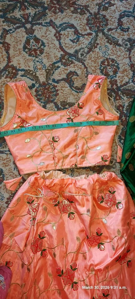 Peach Embroidered Lehenga Choli with Green Dupatta for 10 yr old - photo 2
