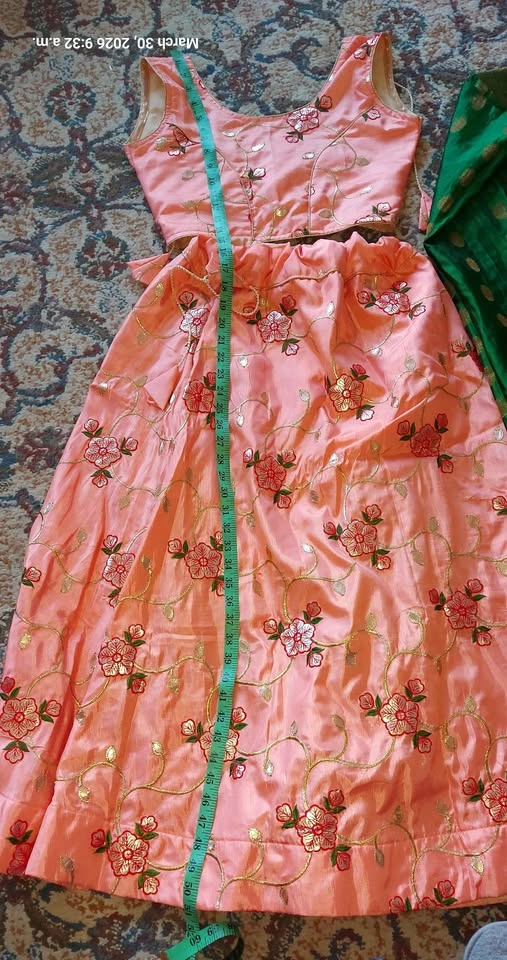 Peach Embroidered Lehenga Choli with Green Dupatta for 10 yr old - photo 4