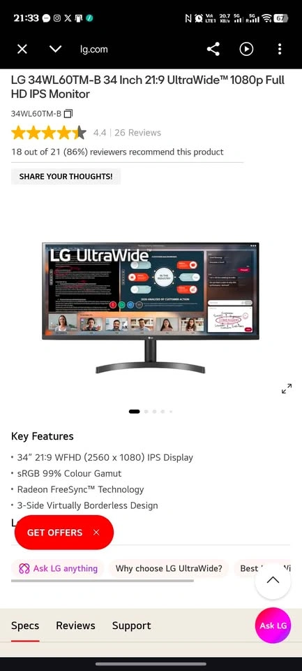 New LG UltraWide 34WL60TM 34" Monitor - photo 3