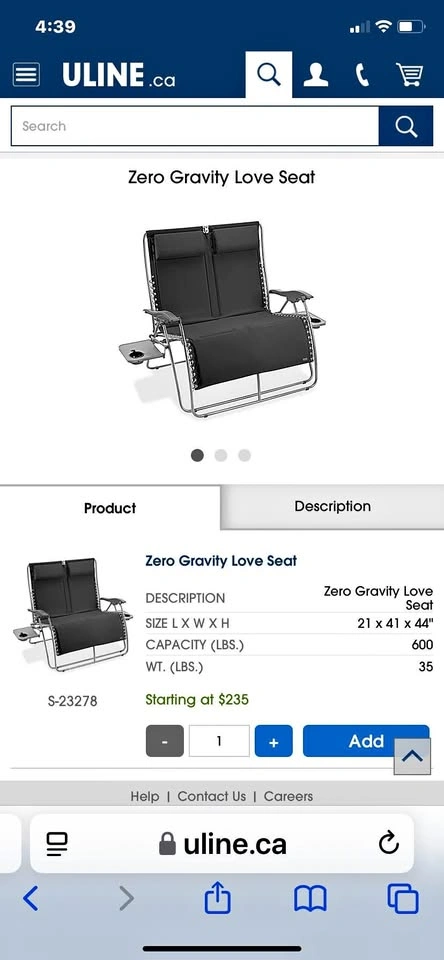 ULINE ZERO GRAVITY LOVE SEAT