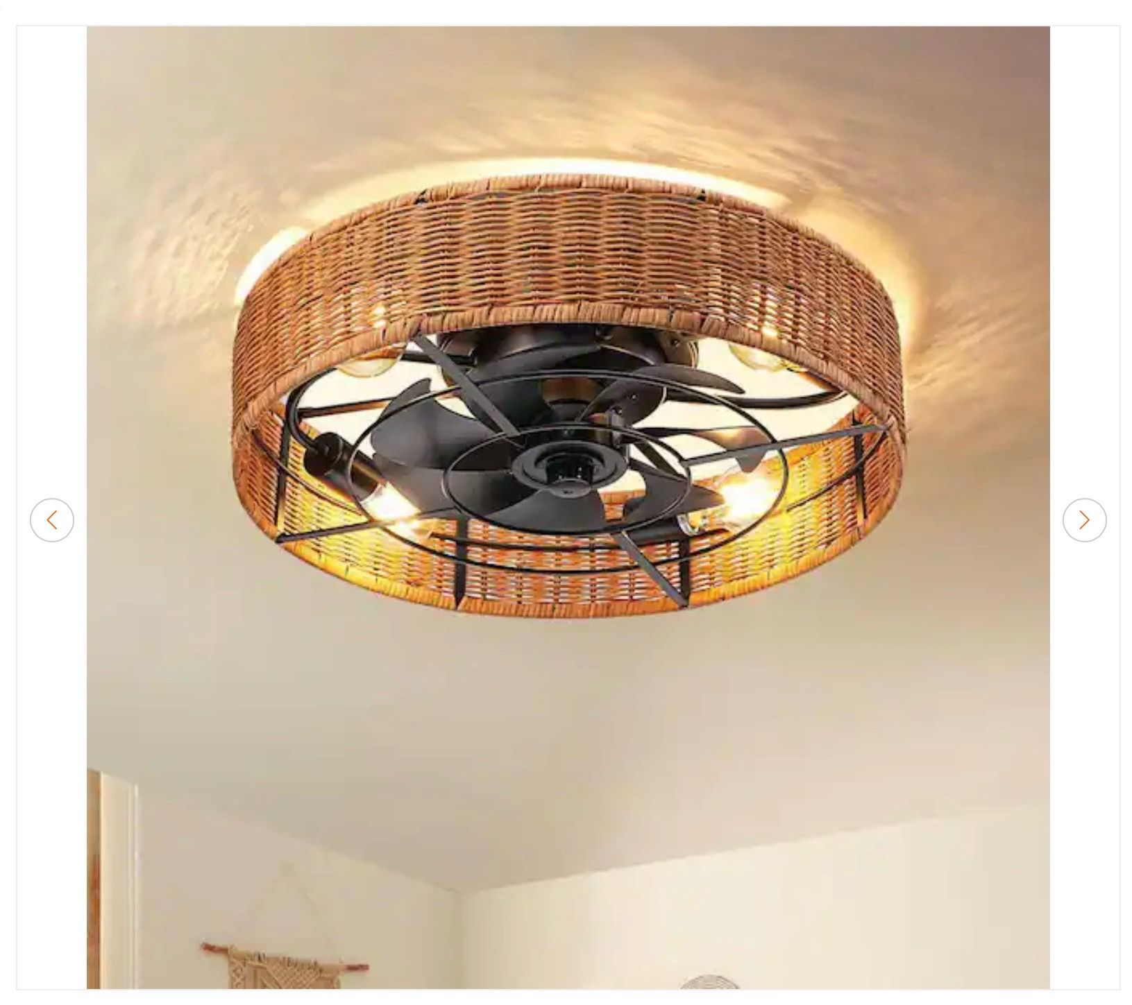 19.7'' Brown Rattan Flush Mount Ceiling Fan With Light - New - photo 4
