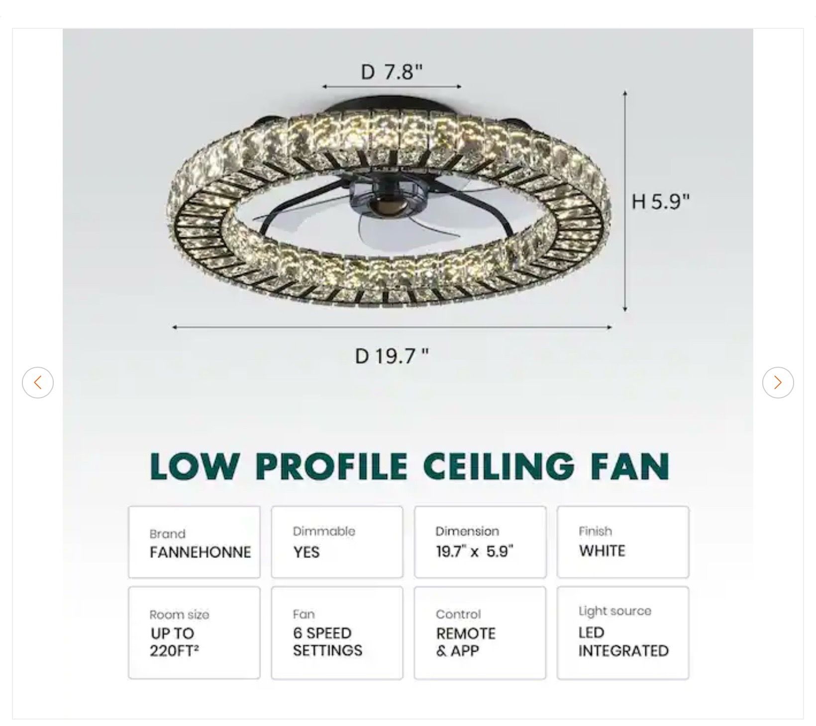22 in. LED Indoor White Crystal Ceiling Fan - photo 2