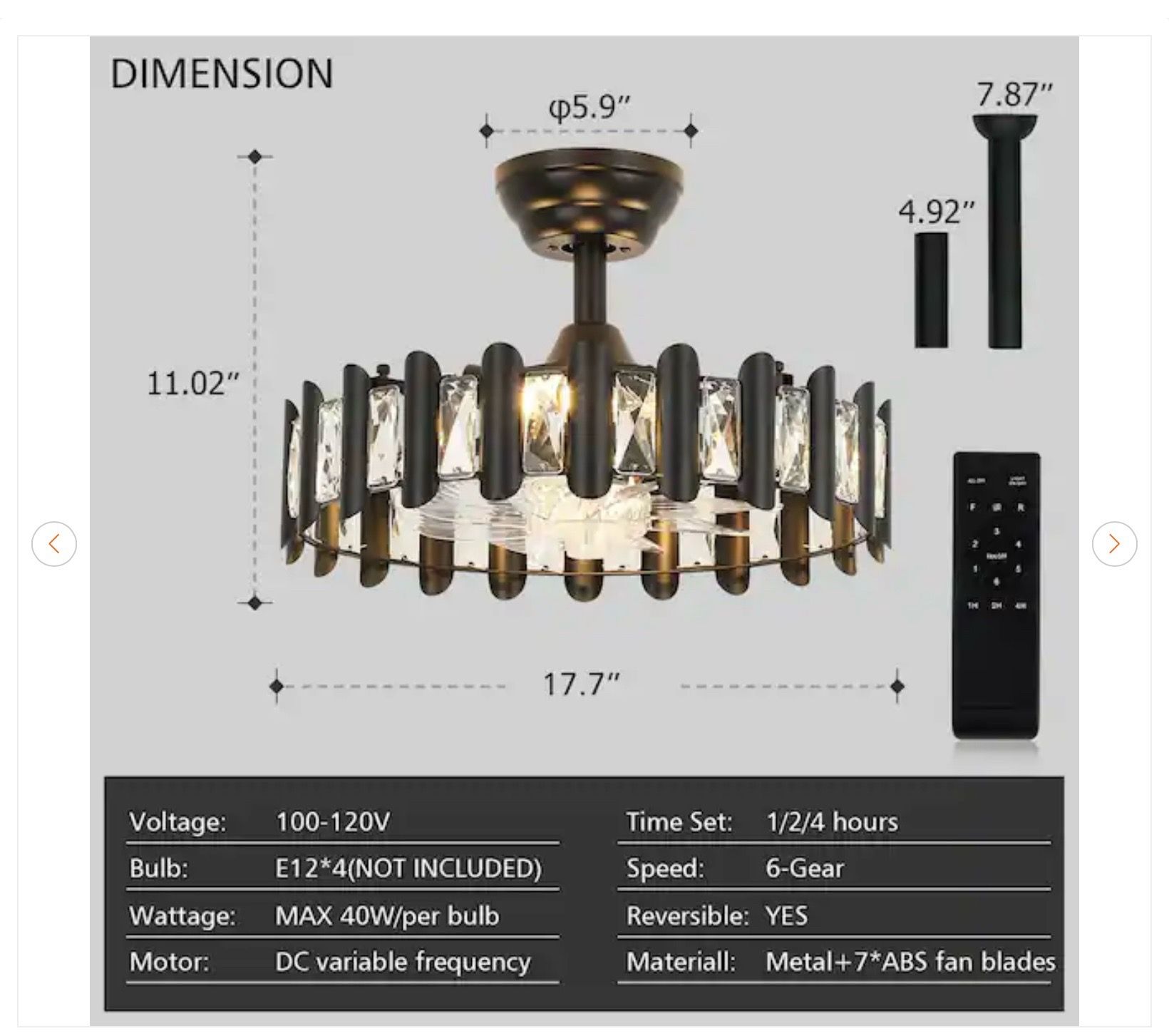17.71 in. Indoor Modern Black Crystal Ceiling Fan - New - photo 5
