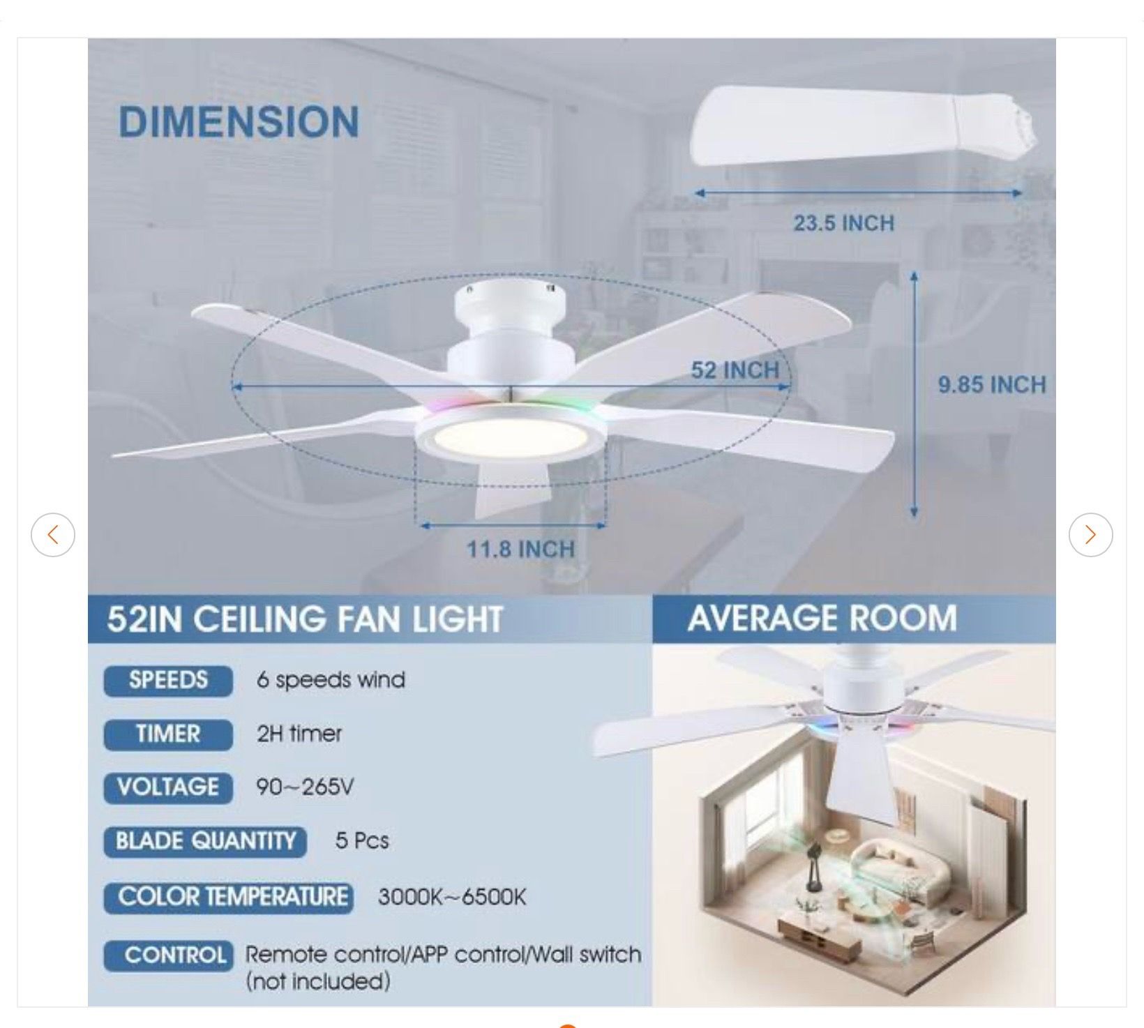 52 in. Indoor/Outdoor Modern White 6-Speed Ceiling Fan - photo 5
