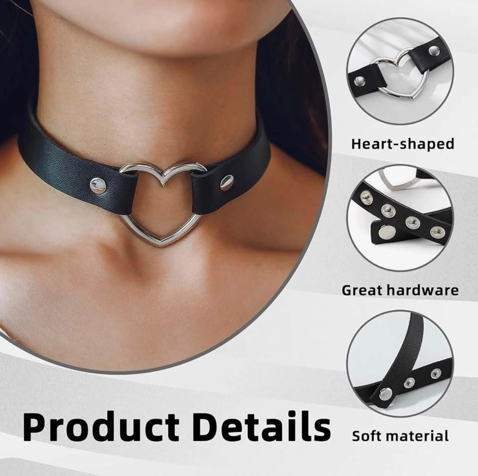 3-Piece punk leather Heart Ring Choker Set - photo 3