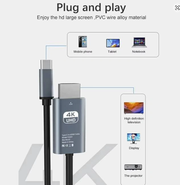 Type-C USB-C To HDMI HDTV Cable 2 Meters Braided - New - photo 3