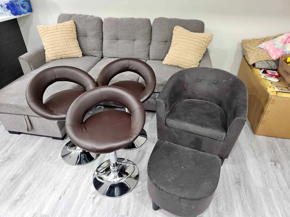 Sectional Sofa, Bar Stools, and Armchair with Ottoman Set