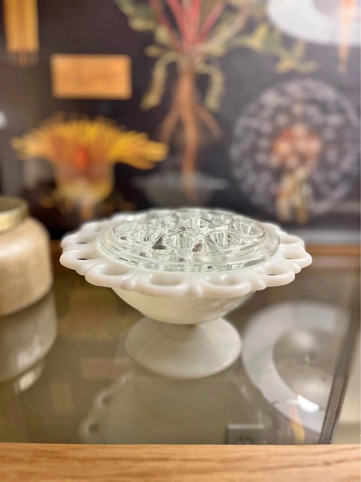 Vintage Milk Glass Lace Edge Bowl with Flower Frog