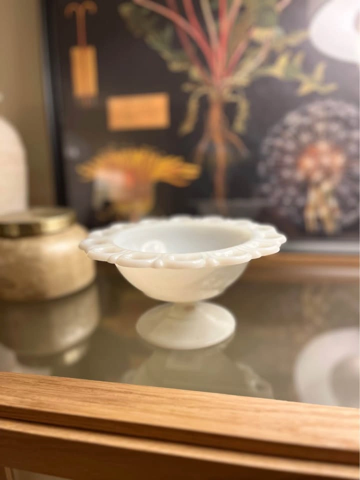 Vintage Milk Glass Lace Edge Bowl with Flower Frog - photo 2