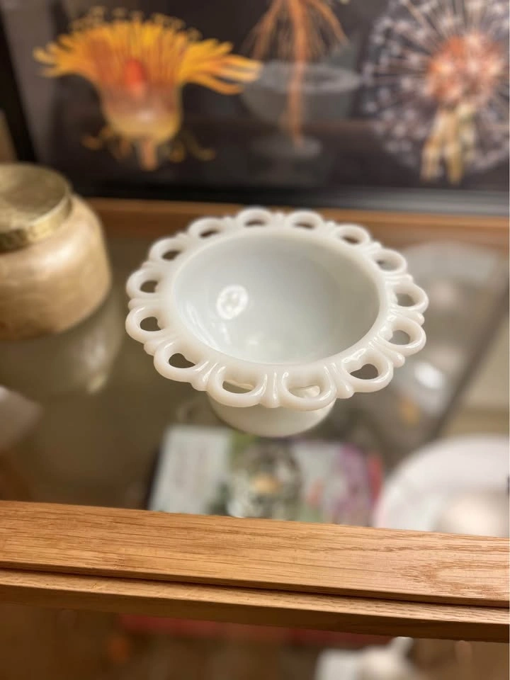 Vintage Milk Glass Lace Edge Bowl with Flower Frog - photo 3