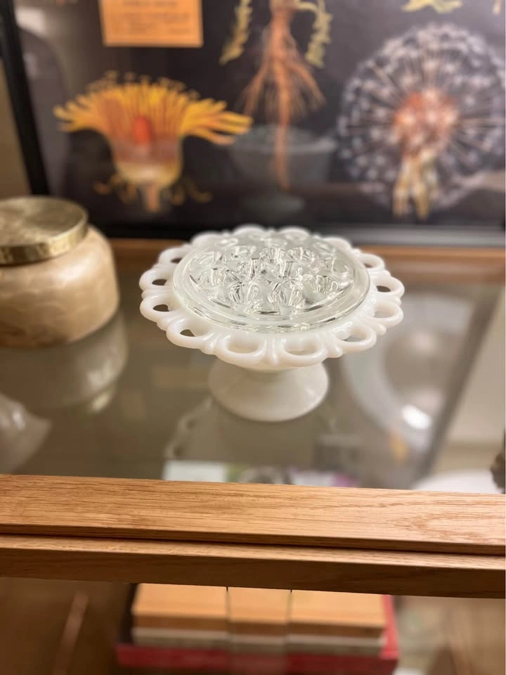 Vintage Milk Glass Lace Edge Bowl with Flower Frog - photo 4