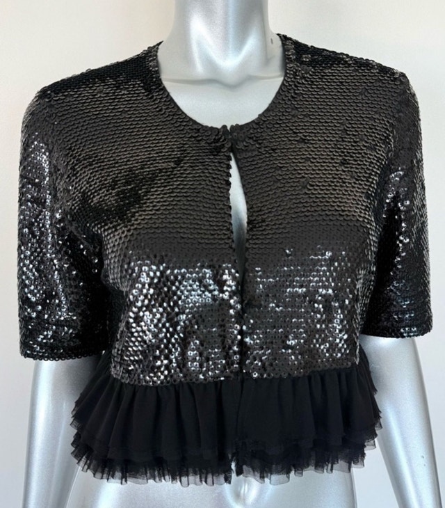 BCBGMaxAzria Black Sequin Ruffle Crop Top