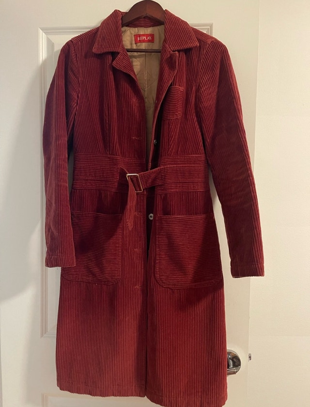 Vintage Deep Red Corduroy Belted Long Coat