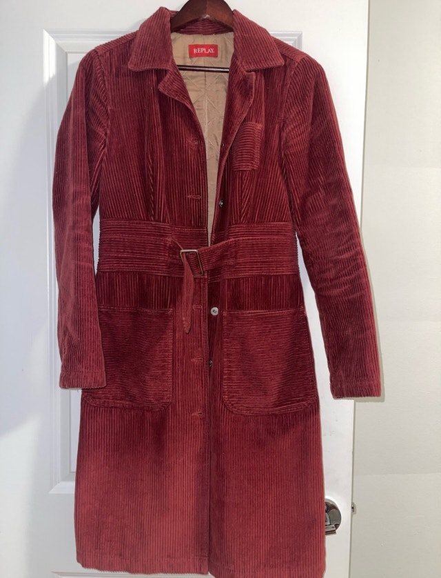 Vintage Deep Red Corduroy Belted Long Coat - photo 3