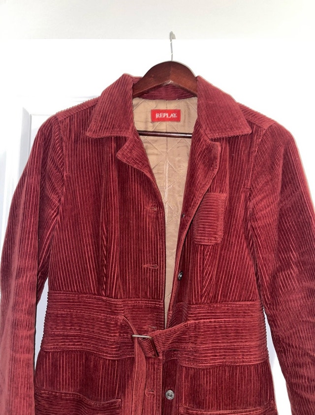 Vintage Deep Red Corduroy Belted Long Coat - photo 4