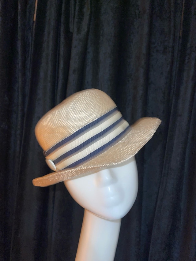Beige Straw Structured Fedora with Navy and White Striped Band