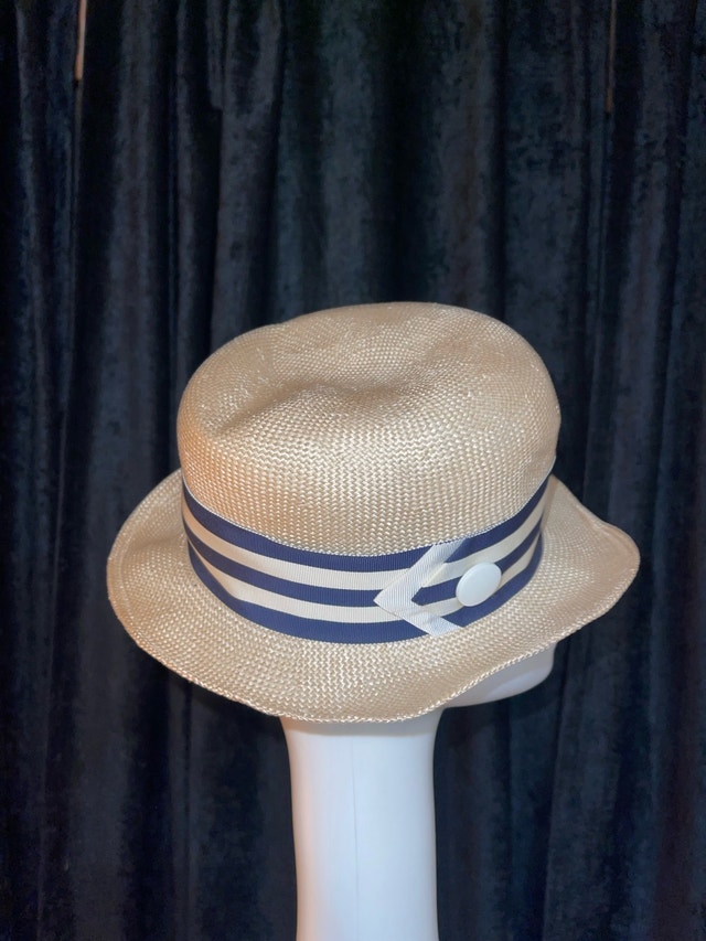 Beige Straw Structured Fedora with Navy and White Striped Band - photo 2