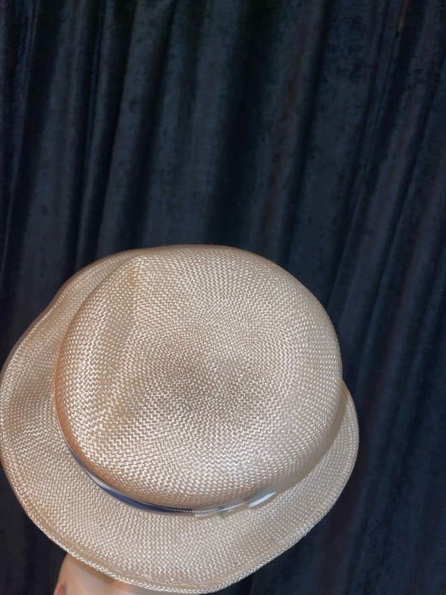 Beige Straw Structured Fedora with Navy and White Striped Band - photo 3