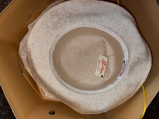 Beige Straw Structured Fedora with Navy and White Striped Band - photo 4