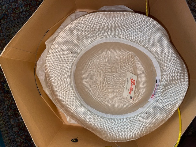 Beige Straw Structured Fedora with Navy and White Striped Band - photo 5
