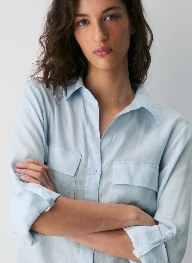 Babaton Light Blue Button-Down Linen Shirt