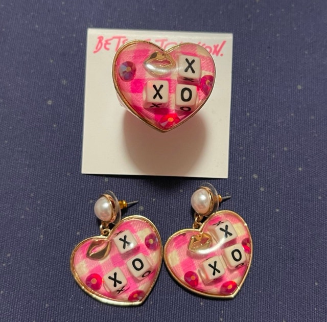 Betsey Johnson Pink Heart XO Earrings and Ring Trio with Pearl