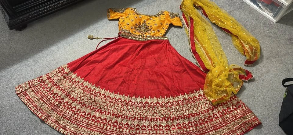 Red Yellow Gold Embroidered Lehenga Choli Dupatta Set - photo 3