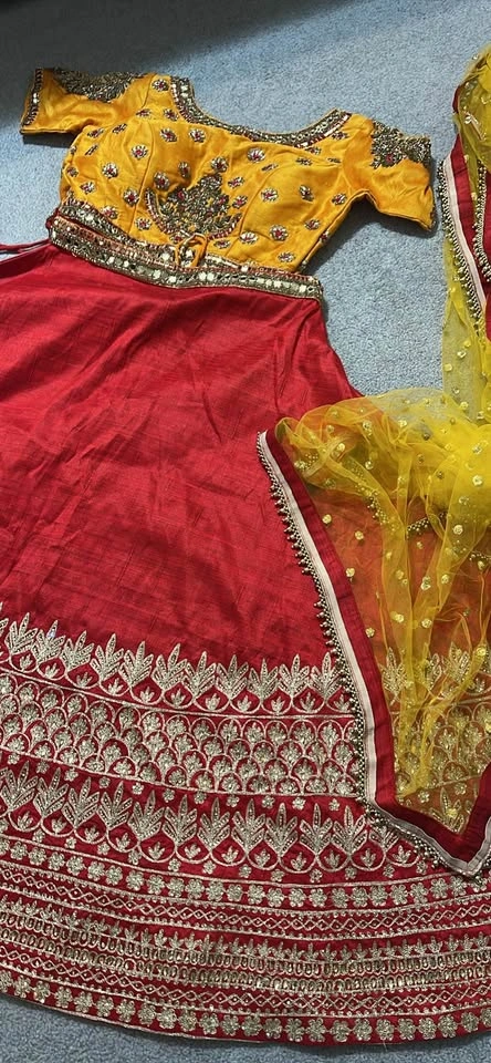 Red Yellow Gold Embroidered Lehenga Choli Dupatta Set - photo 4