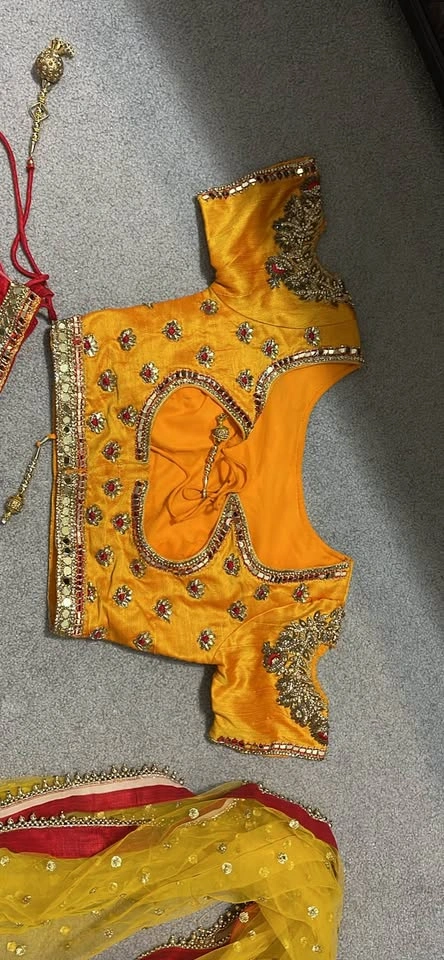 Red Yellow Gold Embroidered Lehenga Choli Dupatta Set - photo 5