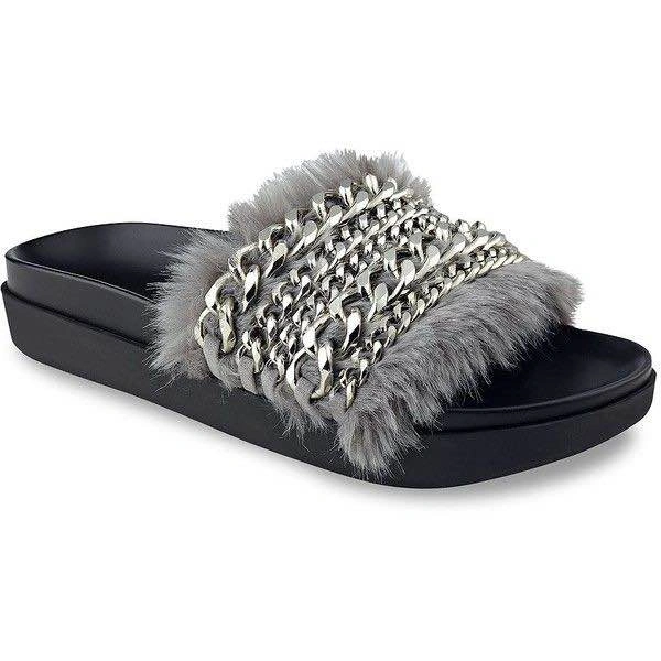 Kendall + Kylie Faux Fur Chain Slide Sandals Gray NWOT - photo 2