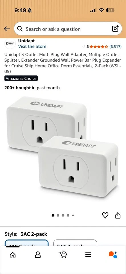 New - 2 pack - 3 outlet multi plug wall adapter