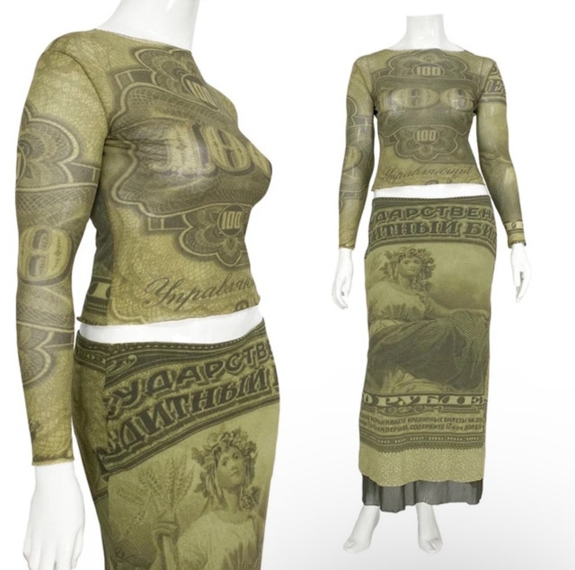 1990s y2k mesh currency skirt set large