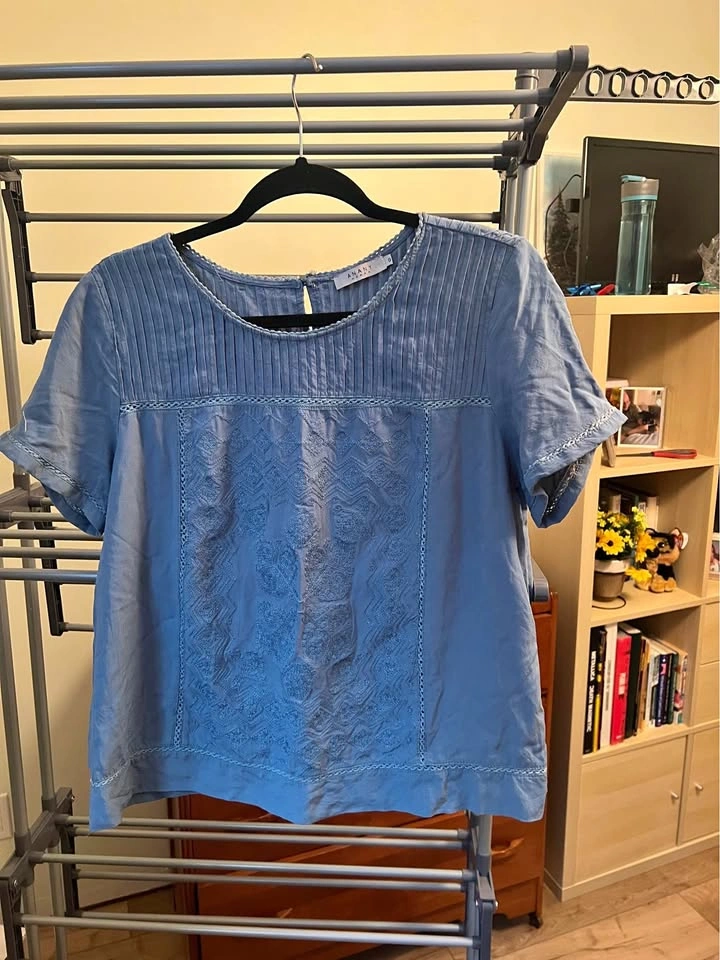 Women's Blouse - Light Blue Embroidered Short Sleeve - Size L